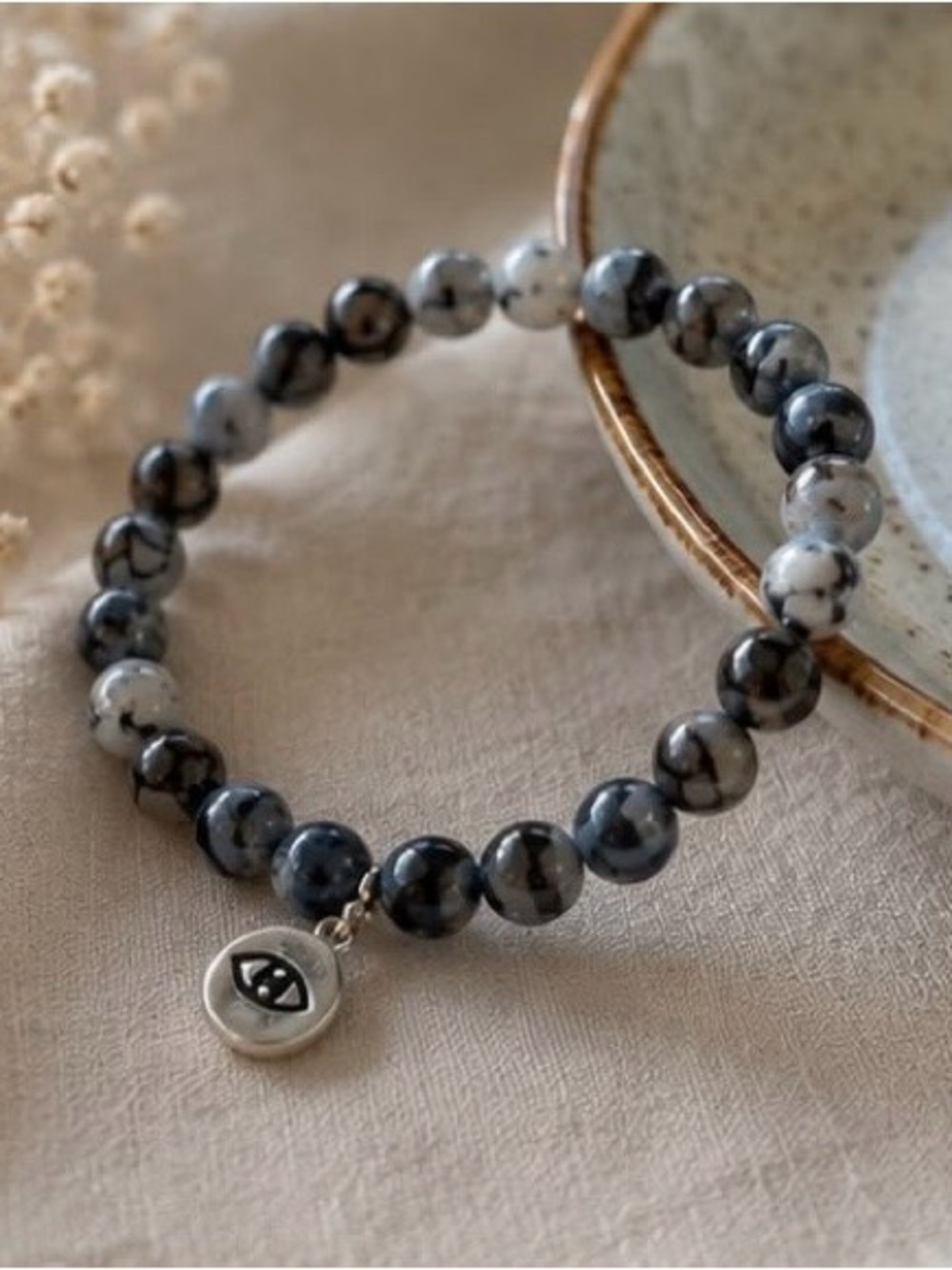 Black and White Marbled Bead Bracelet with Silver Eye Charm - Picture 3 of 5
